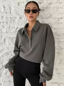 DAZY 女士纯色日常穿搭落肩卫衣秋冬 - 深灰色 - 查看 3