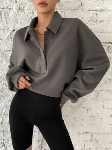 DAZY 女士纯色日常穿搭落肩卫衣秋冬 - 深灰色 - 查看 5