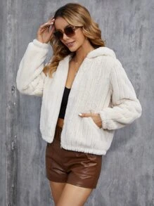 Zip Up Hooded Fuzzy Coat - Beige - View 1