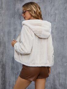Zip Up Hooded Fuzzy Coat - Beige - View 2