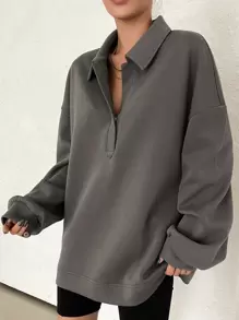 DAZY 女士纯色日常穿搭落肩卫衣秋冬 - 深灰色 - 查看 7