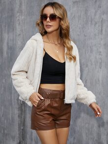 Zip Up Hooded Fuzzy Coat - Beige - View 4
