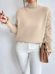 Chiquease Mock Neck Eyelet Detail Flounce Sleeve Jumper - Apricot - View 5
