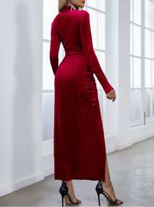 Allurite Ruched Tulip Hem Velvet Dress - Burgundy - View 2