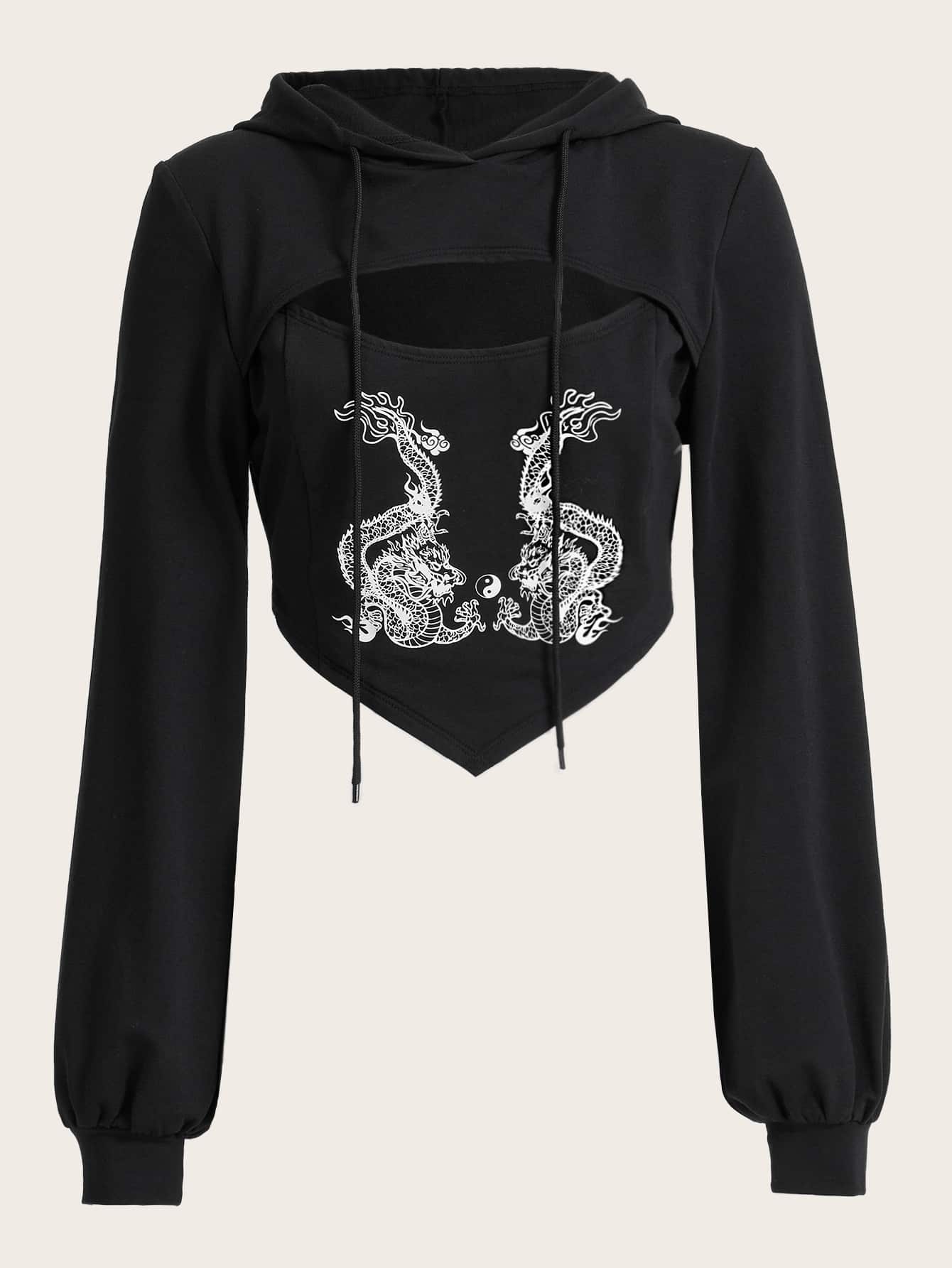 SHEIN Coolane Chinese Dragon Graphic Cut Out Drawstring Hoodie - Black - View 1