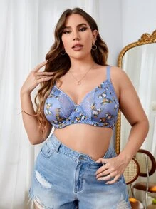 Plus Butterfly Print Contrast Lace Underwire Bra - Blue - View 1