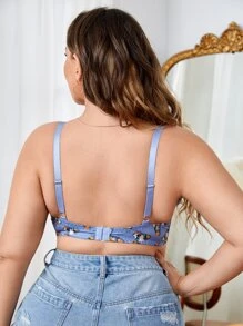 Plus Butterfly Print Contrast Lace Underwire Bra - Blue - View 2