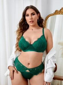 Plus Floral Lace Underwire Lingerie Set, Bra & Panty Set - Dark Green - View 1