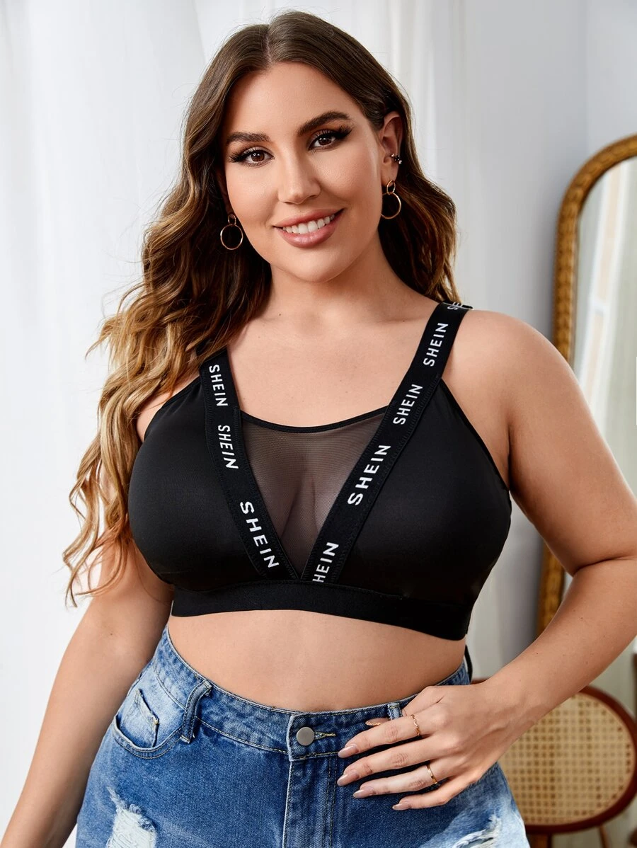 Plus Letter Tape Contrast Mesh Bralet - Black - View 1