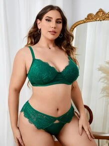 Plus Floral Lace Underwire Lingerie Set, Bra & Panty Set - Dark Green - View 4