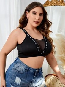 Plus Letter Tape Contrast Mesh Bralet - Black - View 4