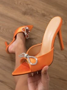 Rhinestone & Bow Decor Satin Stiletto Heeled Mule Sandals - Orange - View 2
