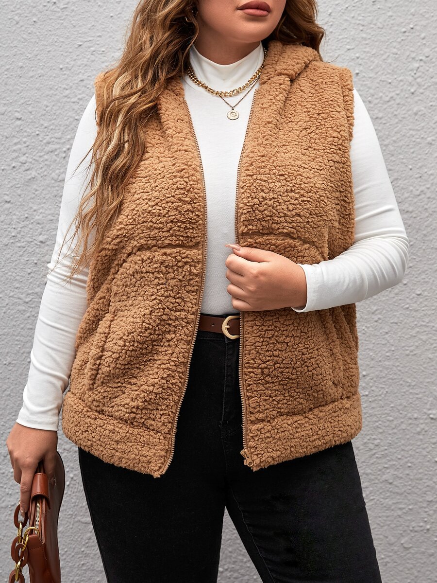 EMERY ROSE Plus Zip Up Hooded Vest Coat - Camel - View 1