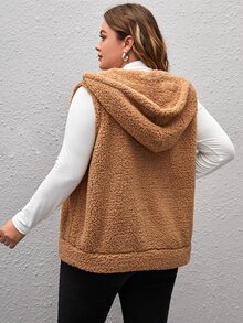 EMERY ROSE Plus Zip Up Hooded Vest Coat - Camel - View 2