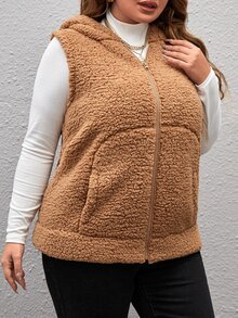 EMERY ROSE Plus Zip Up Hooded Vest Coat - Camel - View 3