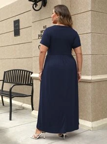Plus Size Women's Solid Color Round Neck Short Sleeve Casual Dress - Navy Blue - View 2