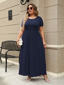 Plus Size Women's Solid Color Round Neck Short Sleeve Casual Dress - Navy Blue - View 3