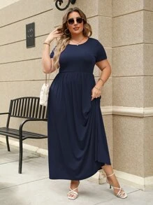 Plus Size Women's Solid Color Round Neck Short Sleeve Casual Dress - Navy Blue - View 4
