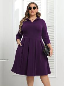 Plus Fold Pleated Hem Hidden Pocket Dress - Purple - View 1