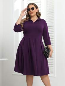 Plus Fold Pleated Hem Hidden Pocket Dress - Purple - View 3