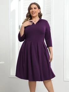 Plus Fold Pleated Hem Hidden Pocket Dress - Purple - View 4
