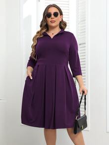 Plus Fold Pleated Hem Hidden Pocket Dress - Purple - View 5