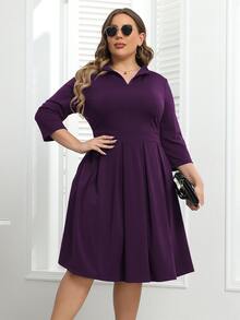 Plus Fold Pleated Hem Hidden Pocket Dress - Purple - View 6