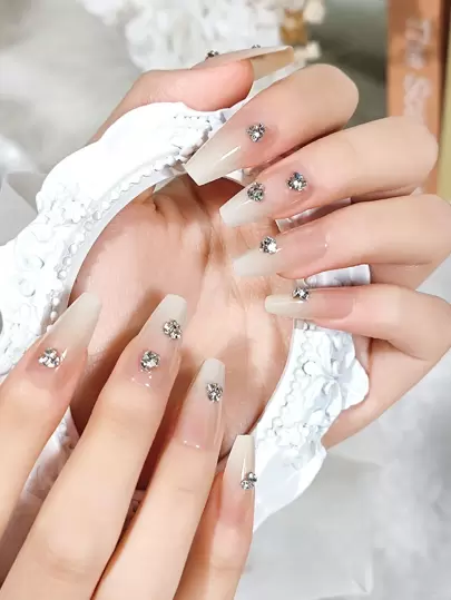 24Pcs Long Coffin Tie Dye Rhinestone Nail Art Tips With 1 Cuticle Pusher & 1 Jelly Gel Press On Nails Nail Supplies Nails