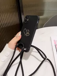 1入簡約創意設計風格黑色防墜手機殼，附掛繩，直邊設計，適用於蘋果/三星/小米手機 - 黑色 - 查看 2