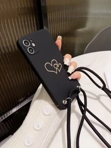 1入簡約創意設計風格黑色防墜手機殼，附掛繩，直邊設計，適用於蘋果/三星/小米手機 - 黑色 - 查看 3