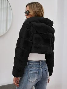 Zip Up Hooded Crop Fuzzy Coat - Black - View 2