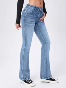 SHEIN EZwear 貓鬚牛仔喇叭褲 - 淺色水洗藍 - 查看 5