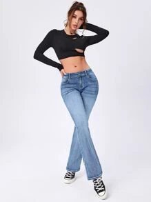 SHEIN EZwear 貓鬚牛仔喇叭褲 - 淺色水洗藍 - 查看 6