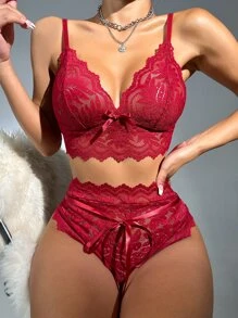 Bow Front Lace Bra & Panty Lingerie Set - Burgundy - View 4