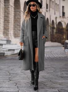 Lapel Neck Dual Pocket Teddy Coat - Grey - View 1