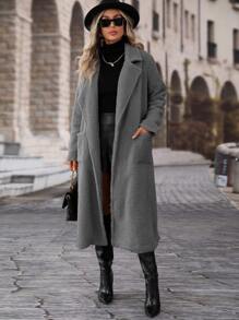 Lapel Neck Dual Pocket Teddy Coat - Grey - View 6