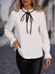 SHEIN Clasi Tie Neck Flounce Sleeve Blouse,Long Sleeve Tops