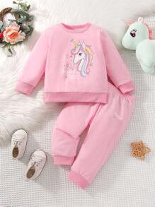 Baby Unicorn And Letter Graphic Sweatshirt & Joggers - Baby Pink - View 1