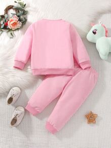 Baby Unicorn And Letter Graphic Sweatshirt & Joggers - Baby Pink - View 2