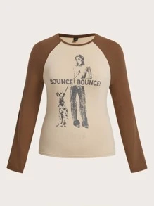 SHEIN EZwear Plus Letter & Figure Graphic Raglan Sleeve Tee - Multicolor - View 1