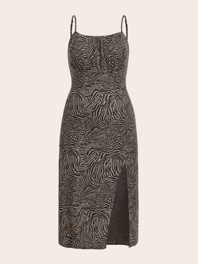 Plus Zebra Striped Print Split Thigh Cami Dress Without Fishnet Top