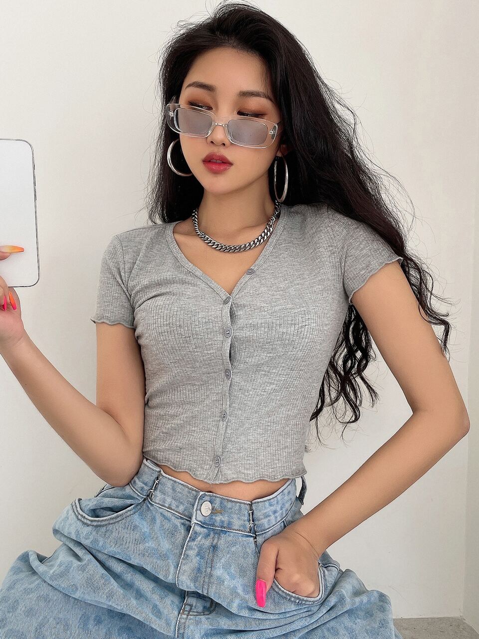 Button Front Rib-knit Crop Tee