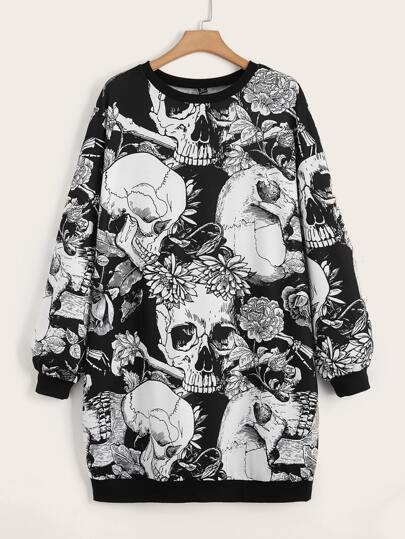 taglie forti Abito felpa con stampa teschi spalle cadenti