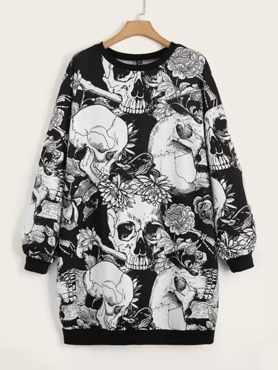 ROMWE PUNK 大碼骷髅頭圖案落肩袖衛衣洋裝