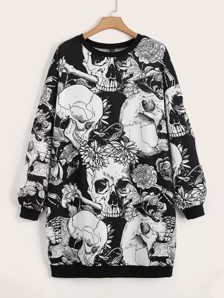 Plus Skull Print Drop Shoulder Sweatshirt Dress