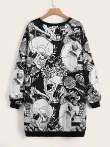 ROMWE PUNK Plus Skull Print Drop Shoulder Sweatshirt Dress