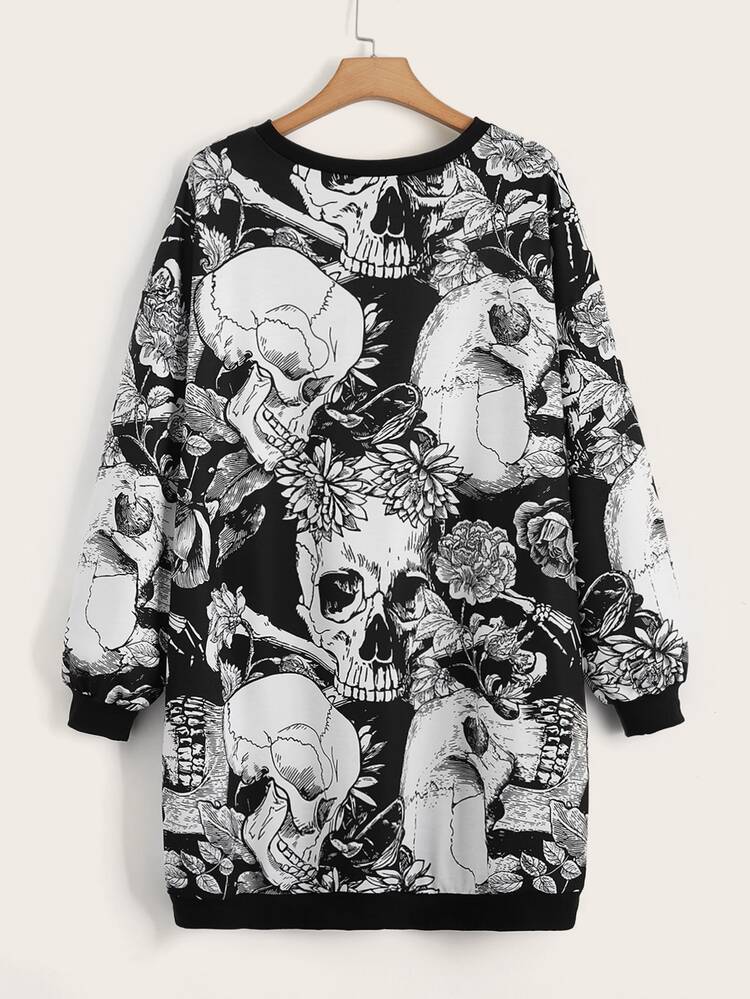 Plus Skull Print Drop Shoulder Sweatshirt Dress