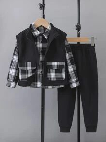 SHEIN 小男童格紋印花襯衫和翻蓋口袋背心和褲子