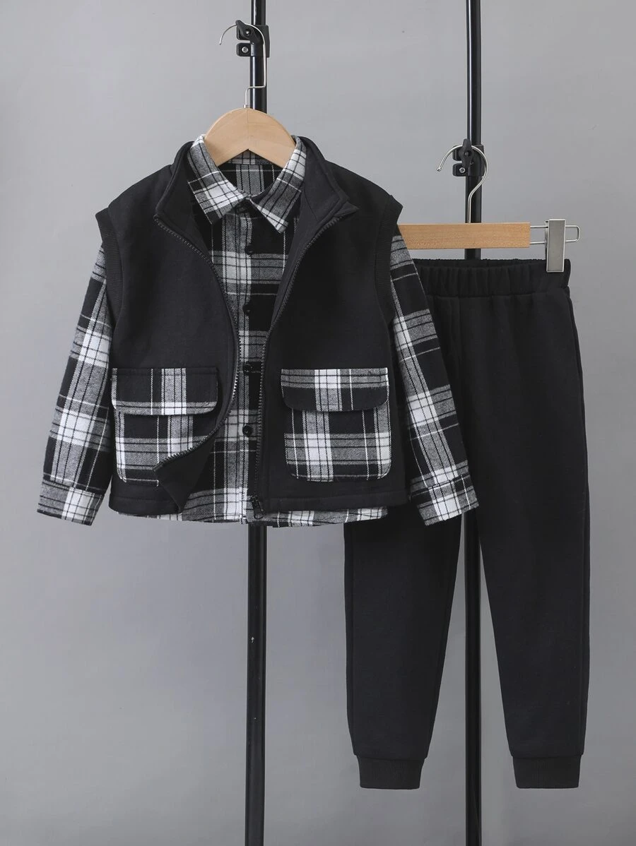 SHEIN 小男童格紋印花襯衫和翻蓋口袋背心和褲子