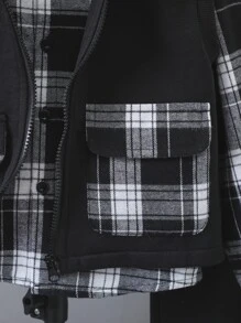 SHEIN 小男童格紋印花襯衫和翻蓋口袋背心和褲子